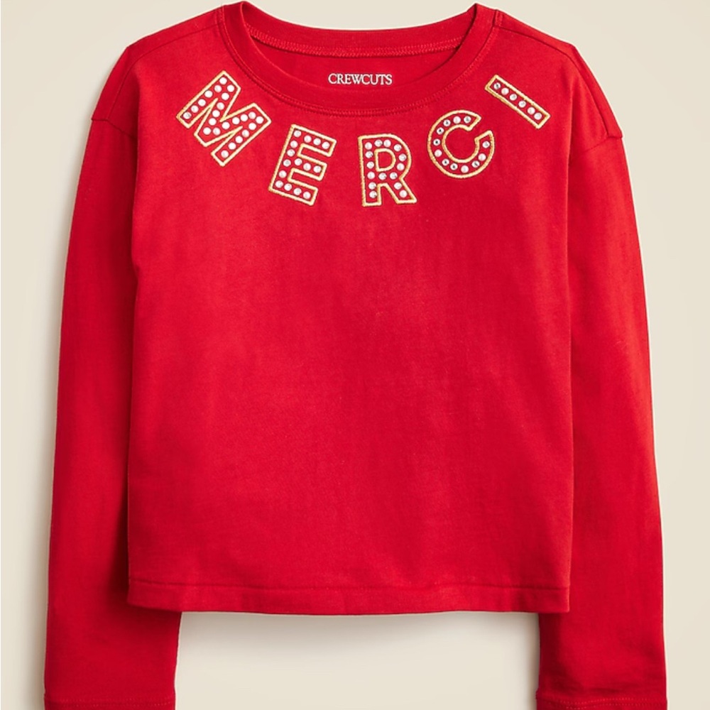 J. Crew Crewcuts Girls Long Sleeve Embellished Red Merci Tee Sz 10 / L NWT